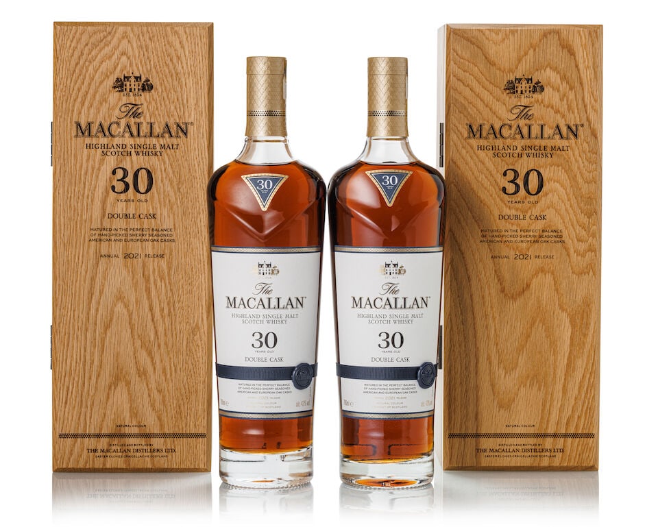 The Macallan 30 Year Old Double Cask 2021 Release, NV (2x 700ml): The Macallan 30 Year Old Double Cask 2021 Release, NV (2x 700ml) Region: Speyside Label: 2x good labels Packaging: 2x original wooden cases Alcohol content: 43% ABV Notes: Distilled and bottled by