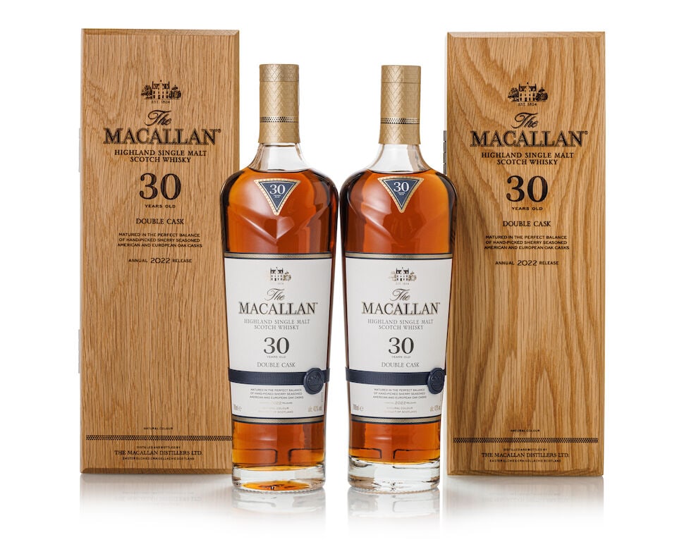The Macallan 30 Year Old Double Cask 2022 Release, NV (2x 700ml): The Macallan 30 Year Old Double Cask 2022 Release, NV (2x 700ml) Region: Speyside Label: 2x good labels Packaging: 2x original wooden cases Alcohol content: 43% ABV Notes: Distilled and bottled by