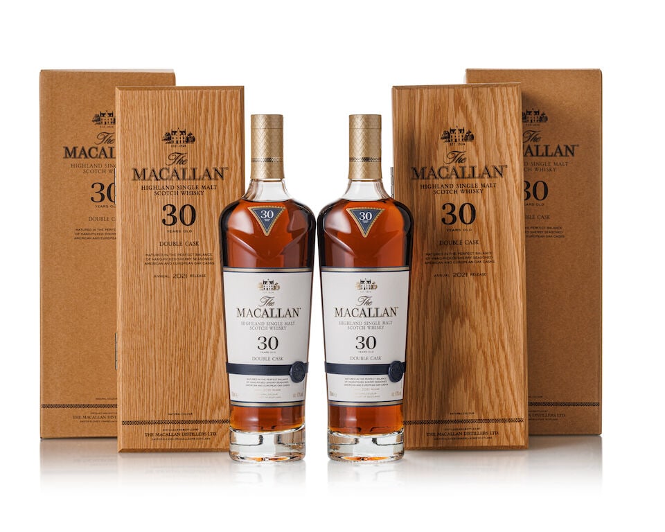 The Macallan 30 Year Old Double Cask 2021 Release, NV (2x 700ml): The Macallan 30 Year Old Double Cask 2021 Release, NV (2x 700ml) Region: Speyside Label: 2x good labels Packaging: 2x original wooden cases Alcohol content: 43% ABV Notes: Distilled and bottled by