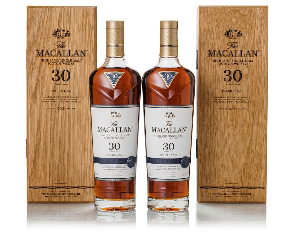 The Macallan 30 Year Old Double Cask 2021 Release, NV (2x 700ml): The Macallan 30 Year Old Double Cask 2021 Release, NV (2x 700ml) Region: Speyside Label: 2x good labels Packaging: 2x original wooden cases Alcohol content: 43% ABV Notes: Distilled and bottled by