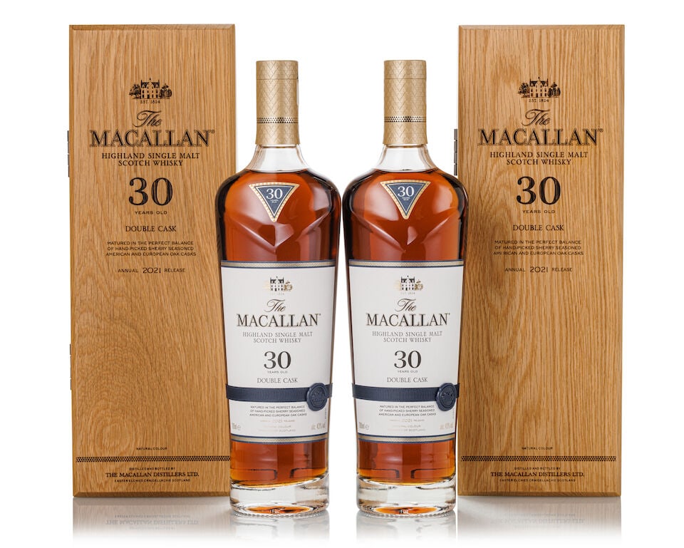 The Macallan 30 Year Old Double Cask 2021 Release, NV (2x 700ml): The Macallan 30 Year Old Double Cask 2021 Release, NV (2x 700ml) Region: Speyside Label: 2x good labels Packaging: 2x original wooden cases Alcohol content: 43% ABV Notes: Distilled and bottled by The
