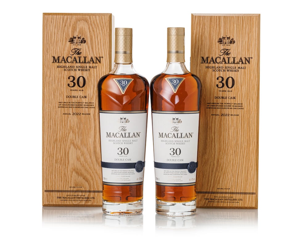 The Macallan 30 Year Old Double Cask 2022 Release, NV (2x 700ml): The Macallan 30 Year Old Double Cask 2022 Release, NV (2x 700ml) Region: Speyside Label: 2x good labels Packaging: 2x original wooden cases Alcohol content: 43% ABV Notes: Distilled and bottled by