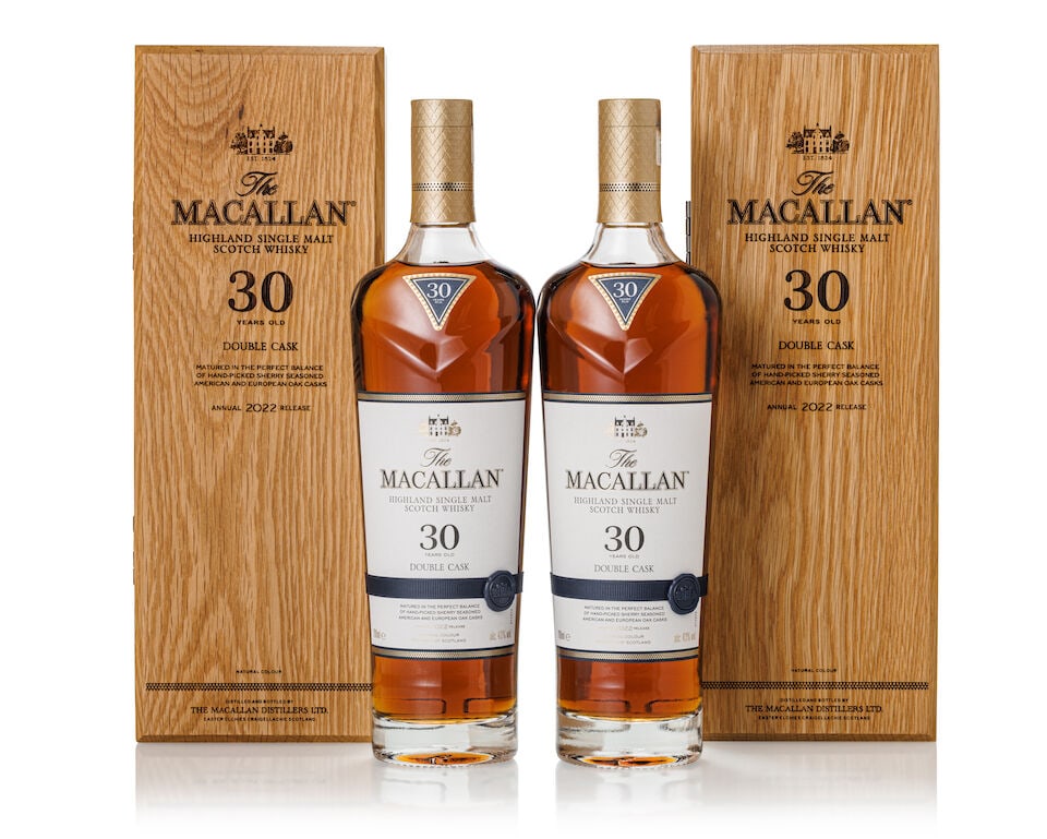 The Macallan 30 Year Old Double Cask 2022 Release, NV (2x 700ml): The Macallan 30 Year Old Double Cask 2022 Release, NV (2x 700ml) Region: Speyside Label: 2x good labels Packaging: 2x original wooden cases Alcohol content: 43% ABV Notes: Distilled and bottled by