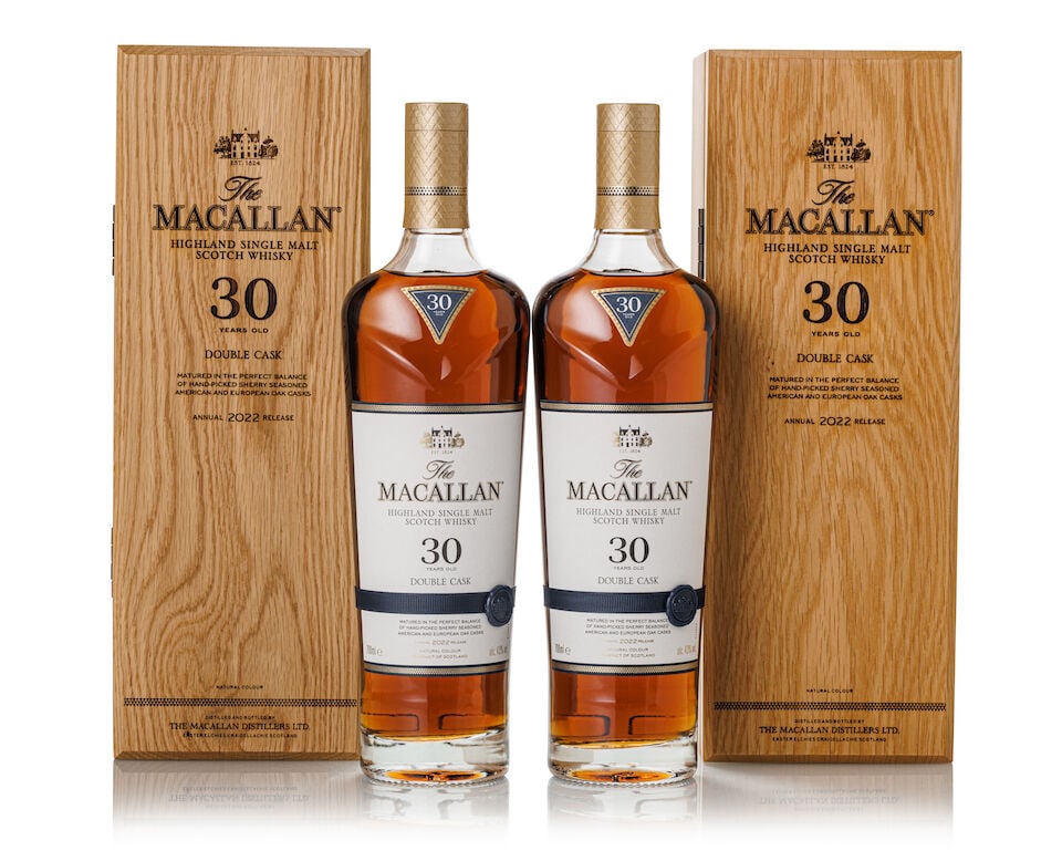 The Macallan 30 Year Old Double Cask 2022 Release, NV (2x 700ml): The Macallan 30 Year Old Double Cask 2022 Release, NV (2x 700ml) Region: Speyside Label: 2x good labels Packaging: 2x original wooden cases Alcohol content: 43% ABV Notes: Distilled and bottled by