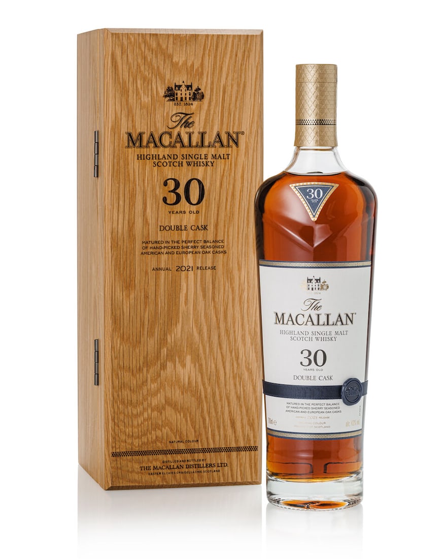 The Macallan 30 Year Old Double Cask 2021 Release, NV (1x 700ml): The Macallan 30 Year Old Double Cask 2021 Release, NV (1x 700ml) Region: Speyside Label: good label Packaging: original wooden case Alcohol content: 43% ABV Notes: Distilled and bottled by The