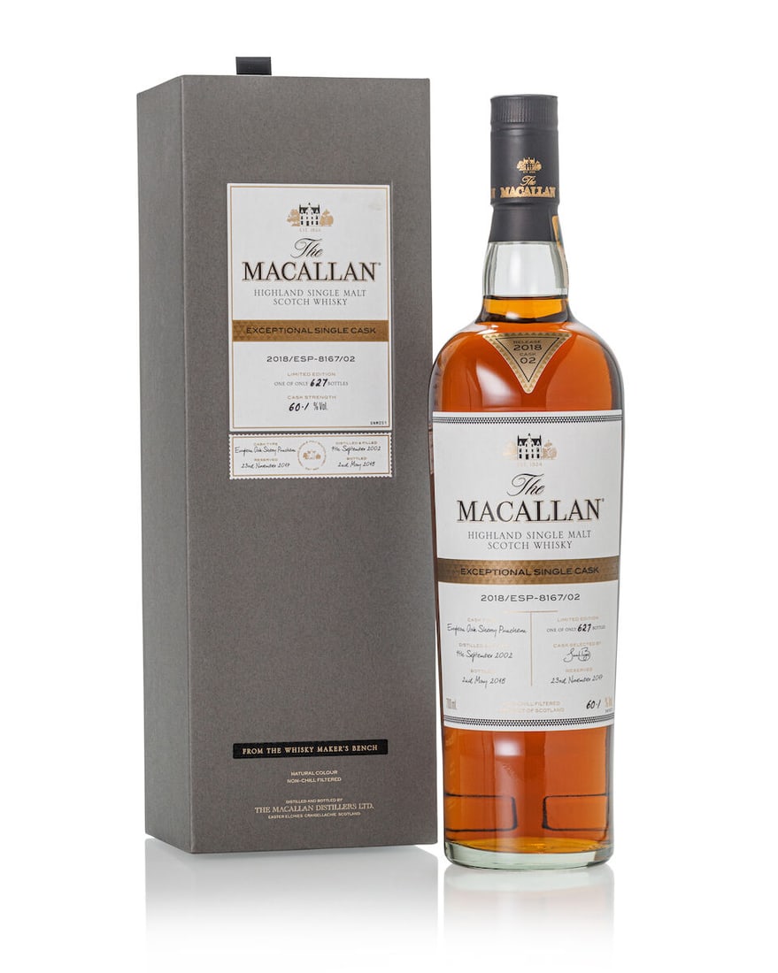 The Macallan ESC-2018/ESP-8167/02, 2002 (1x 700ml): The Macallan ESC-2018/ESP-8167/02, 2002 (1x 700ml) Region: Speyside Fill Level: into neck Label: good label Packaging: original carton Alcohol content: 60% ABV Notes: Exceptional Single Cask. Distille