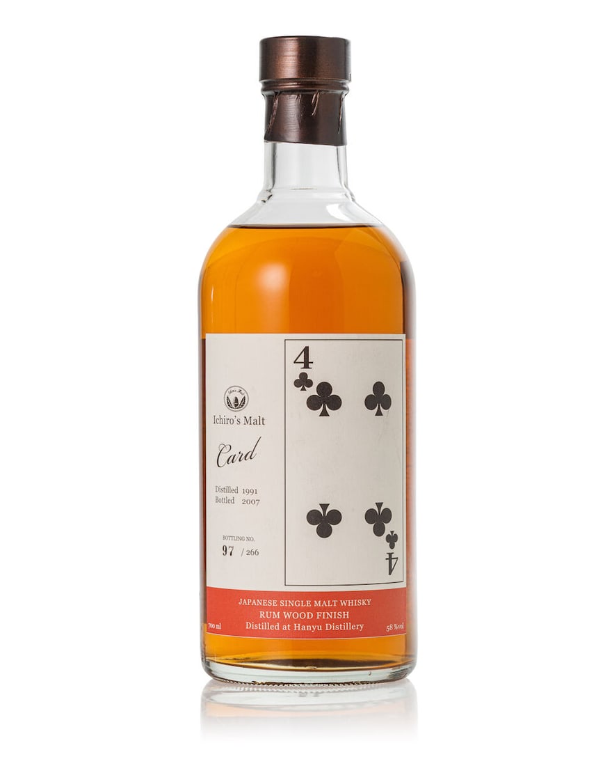 羽生 Hanyu Ichiro's Malt 4 of Clubs, 1991 (1x 700ml): 羽生 Hanyu Ichiro's Malt 4 of Clubs, 1991 (1x 700ml) Region: Japan Label: slightly scuffed label Alcohol content: 58% ABV Notes: Distilled 1991, bottled 2007. Distilled at Hanyu
