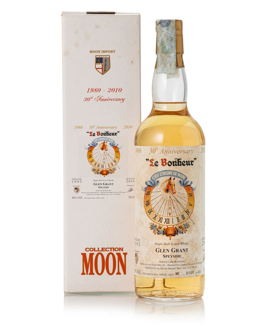 Glen Grant Moon Import 30th Anniversary 'Horae Solaris' Cask #140228, 1993 (1x 700ml): Glen Grant Moon Import 30th Anniversary 'Horae Solaris' Cask #140228, 1993 (1x 700ml) Region: Speyside Fill Level: base neck Capsule: slightly stained capsule, stained tax strip Label: heavily bi