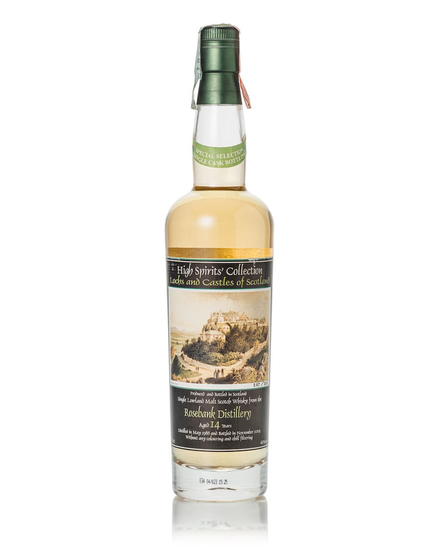 Rosebank 14 Year Old Cask #848, 1988 (1x 700ml): Rosebank 14 Year Old Cask #848, 1988 (1x 700ml) Region: Lowland Fill Level: into neck Label: scuffed label Alcohol content: 46% ABV Notes: Lochs and Castles of Scotland Series. Bottled November 2003