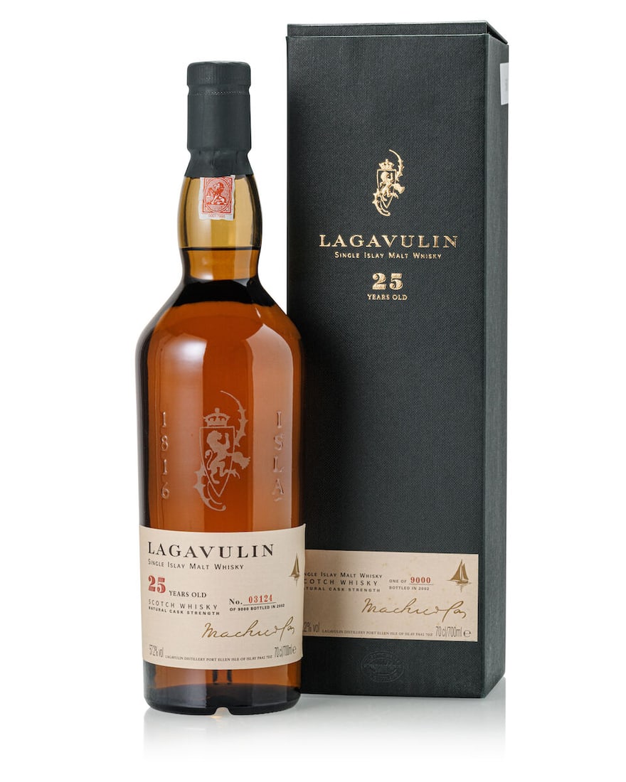 Lagavulin 25 Year Old (1x 700ml): Lagavulin 25 Year Old (1x 700ml) Region: Islay Fill Level: into neck Label: good label Packaging: original carton Alcohol content: 57.2% ABV Notes: Bottled 2002. Distilled and Bottled at Lagavul