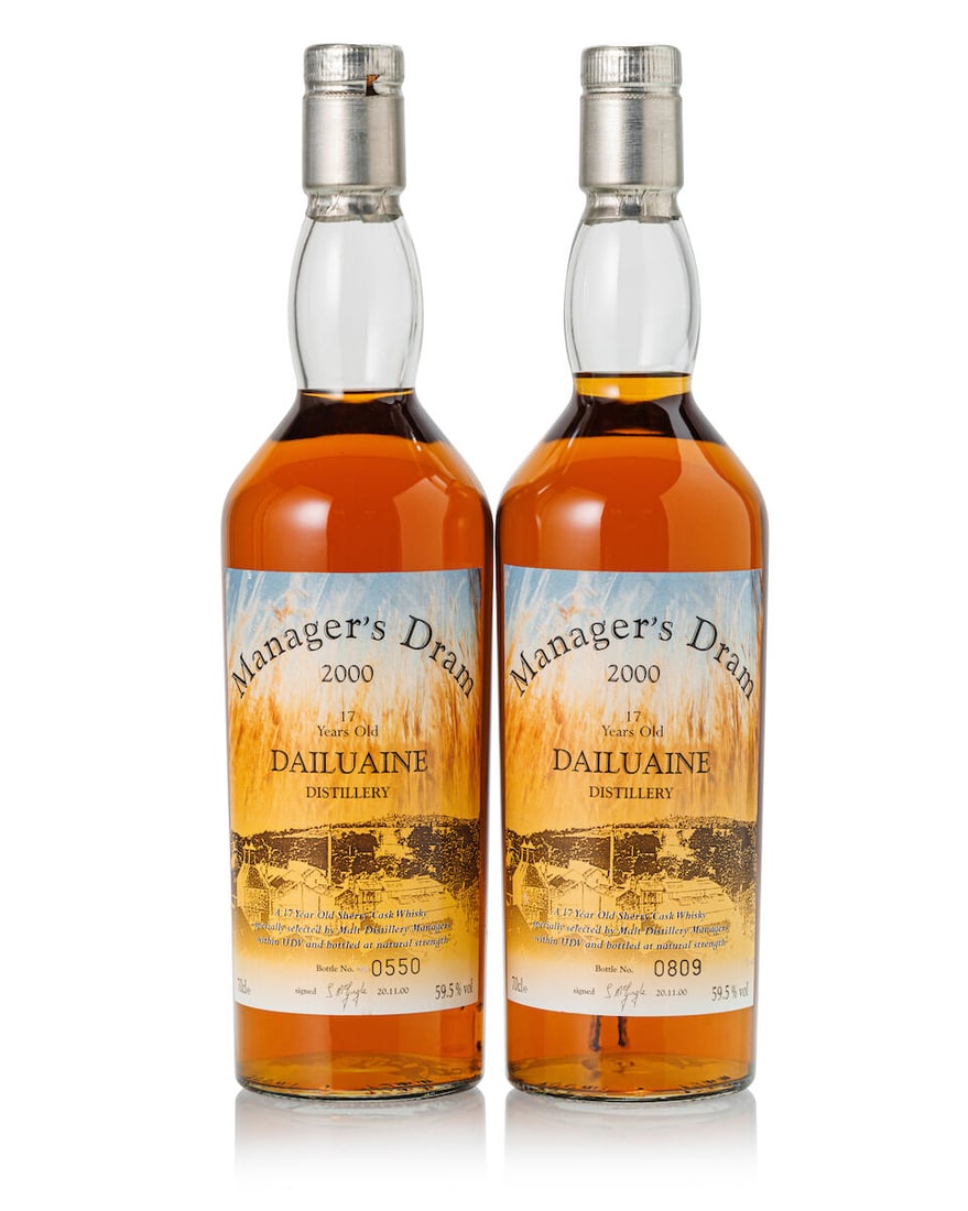 Dailuaine 17 Year Old Manager's Dram, 2000 (2x 700ml): Dailuaine 17 Year Old Manager's Dram, 2000 (2x 700ml) Region: Speyside Fill Level: 2x very top shoulder Label: 2x good labels Alcohol content: 59.5% ABV Notes: specially selected by the Malt Distiller