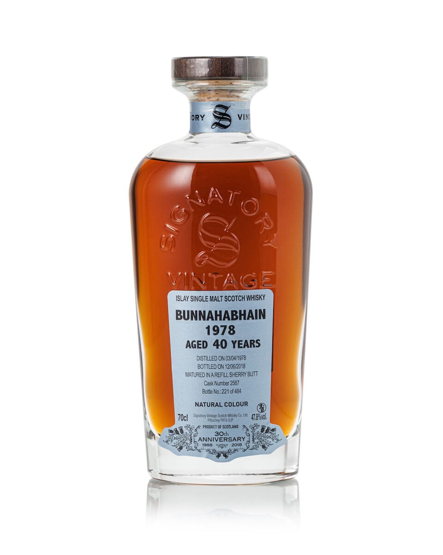 Bunnahabhain 40 Year Old Cask #2587, 1978 (1x 700ml): Bunnahabhain 40 Year Old Cask #2587, 1978 (1x 700ml) Region: Islay Fill Level: upper shoulder Label: good label Alcohol content: 47.8% ABV Notes: 30th Anniversary. distilled 3 April 1978 at