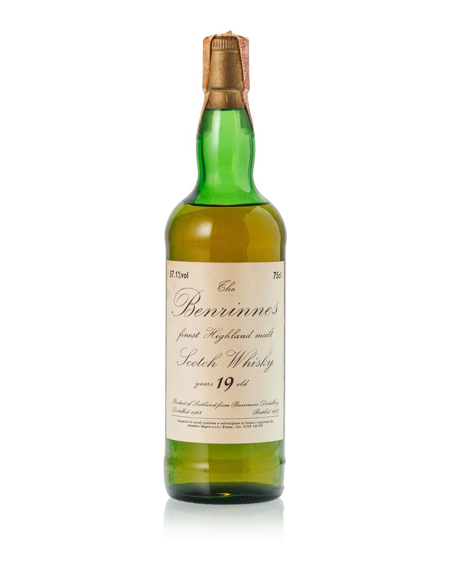 Benrinnes 19 Year old Sestante, 1968 (1x 750ml): Benrinnes 19 Year old Sestante, 1968 (1x 750ml) Region: Speyside Fill Level: top shoulder Label: bin-soiled and stained label Alcohol content: 57.1% ABV Notes: bottled 1987. Imported by Sestante Impor