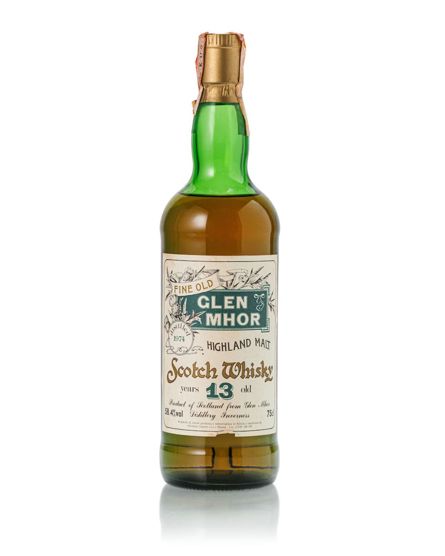 Glen Mhor 13 Year Old Sestante, 1974 (1x 750ml): Glen Mhor 13 Year Old Sestante, 1974 (1x 750ml) Region: Highland Fill Level: top shoulder Capsule: partially cut capsule foil Label: bin-soiled and stained label Alcohol content: 58.4% ABV Notes: