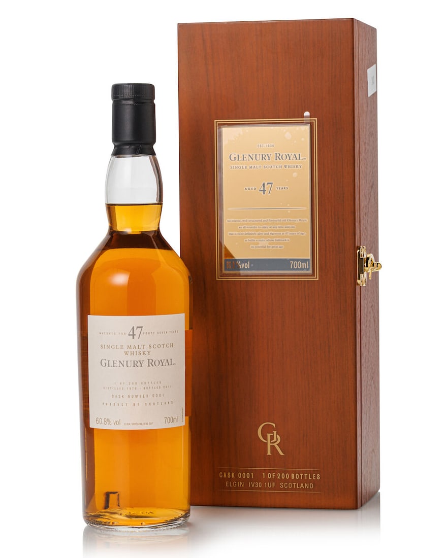Glenury Royal 47 Year Old Cask #0001, 1970 (1x 700ml): Glenury Royal 47 Year Old Cask #0001, 1970 (1x 700ml) Region: Highland Fill Level: into neck Label: good label Packaging: original case Alcohol content: 60.8% ABV Notes: bottled 2017. Distilled and bo