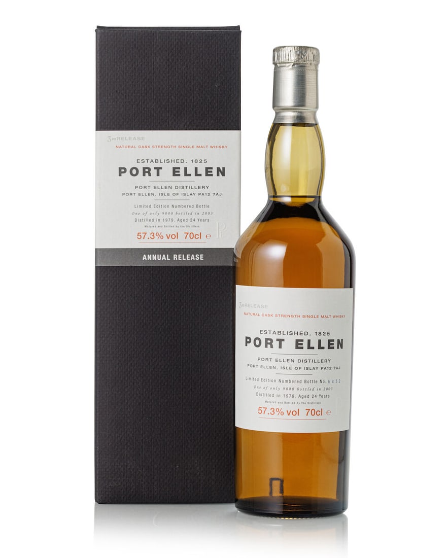 Port Ellen 24 Year Old 3rd Annual Release, 1979 (1x 700ml): Port Ellen 24 Year Old 3rd Annual Release, 1979 (1x 700ml) Region: Islay Fill Level: base neck Capsule: creased capsule Label: good label Packaging: slightly stained original carton Alcohol content:
