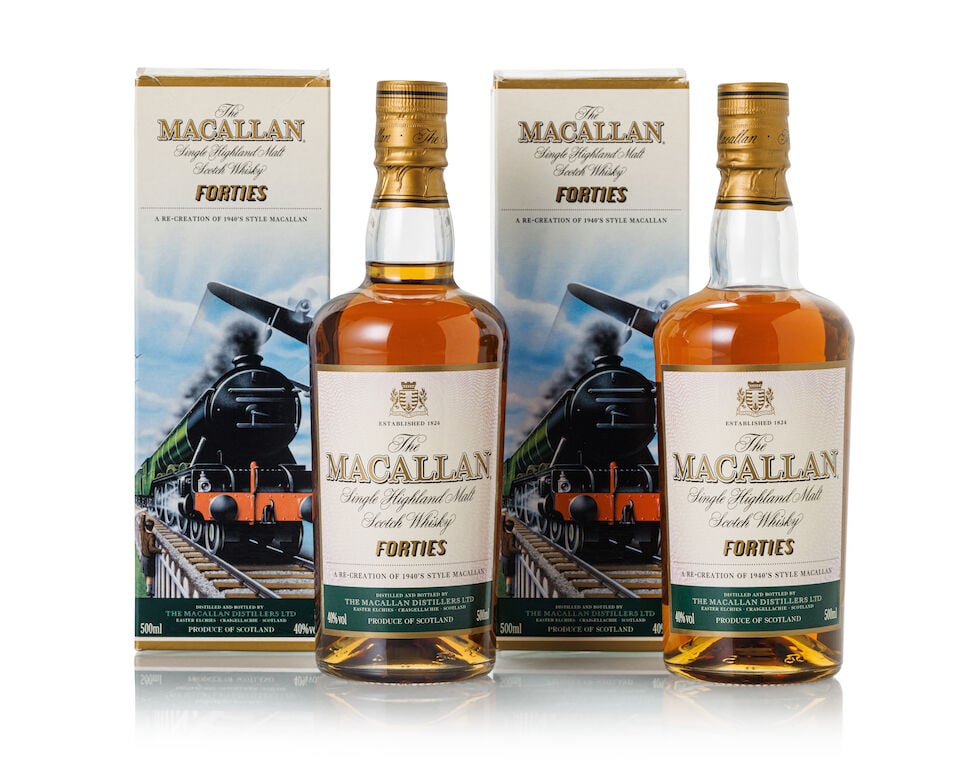 The Macallan Travel Series Forties (2x 500ml): The Macallan Travel Series Forties (2x 500ml) Region: Speyside Fill Level: 1x into neck, 1x top shoulder Label: 2x good labels Packaging: 2 x creased original cartons Alcohol content: 40% ABV Notes: A
