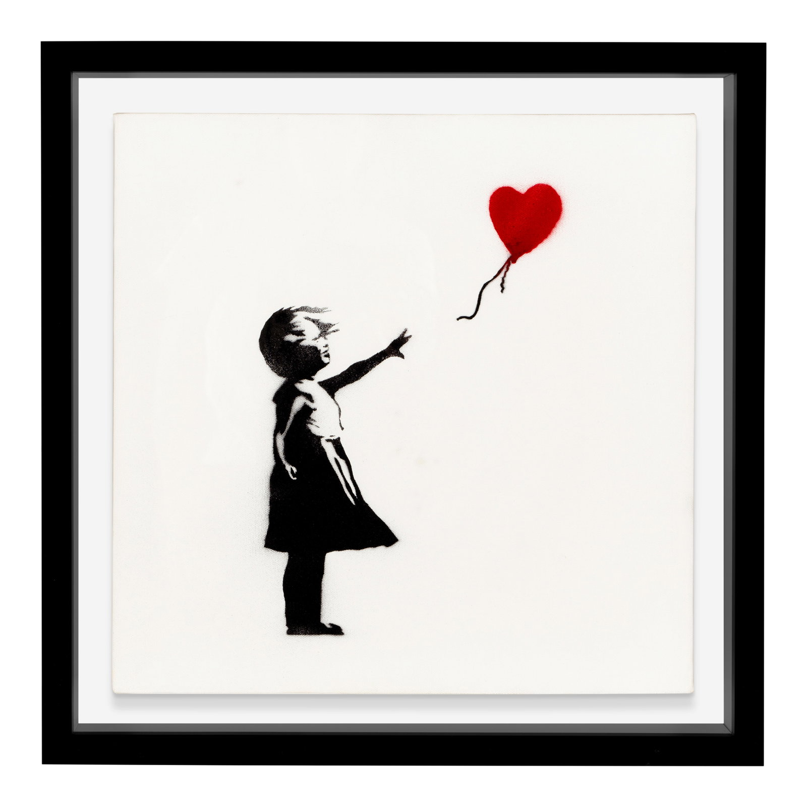 BANKSY (B. 1975) Girl and Balloon 16 x 16 in (40.6 x 40.6 cm) (Painted in 2003. This work is num...: BANKSY (B. 1975) Girl and Balloon tagged 'BANKSY' (on the right turning edge); numbered and dated '10/25 2003' (on the stretcher) spray paint on canvas 16 x 16 in (40.6 x 40.6 cm) Painted in 2003. Thi