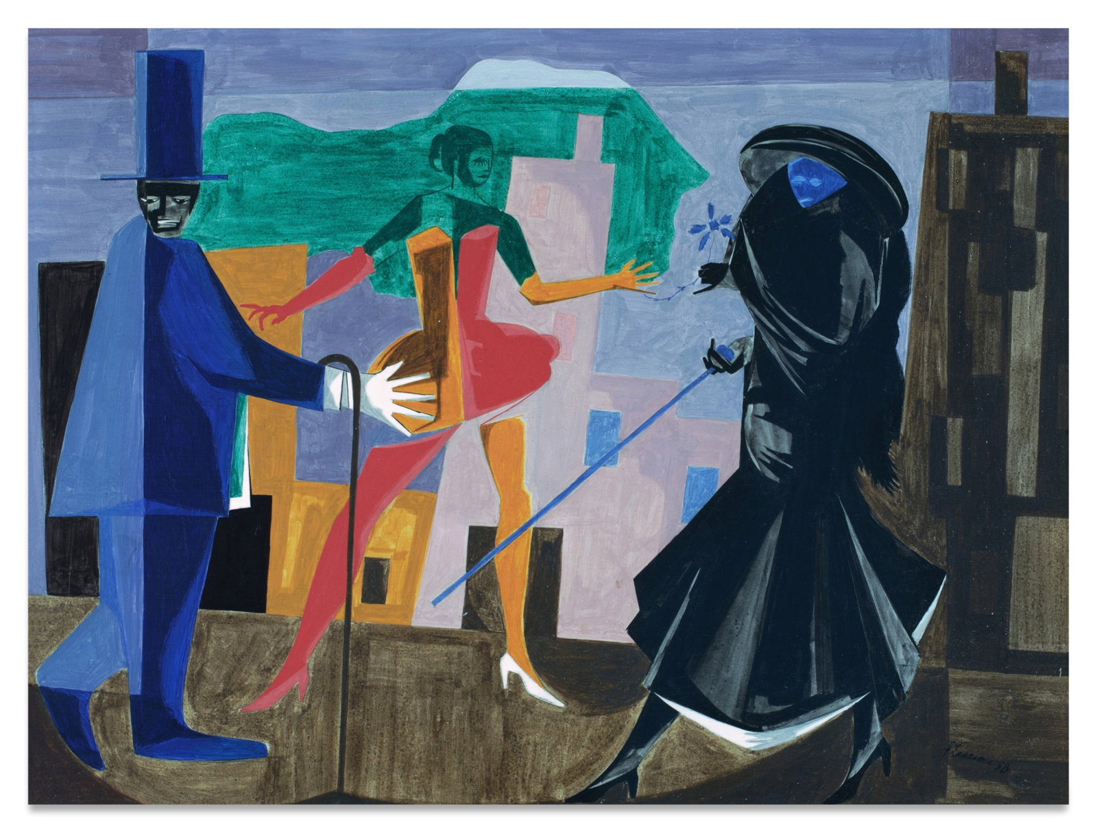 JACOB LAWRENCE (1917-2000) Two Comedians and a Dancer 18 x 24 in (45.7 x 60.8 cm) (Executed in 1...: JACOB LAWRENCE (1917-2000) Two Comedians and a Dancer signed and dated 'J Lawrence 58' (lower right) tempera on hardboard 18 x 24 in (45.7 x 60.8 cm) Executed in 1958 Footnotes: Provenance