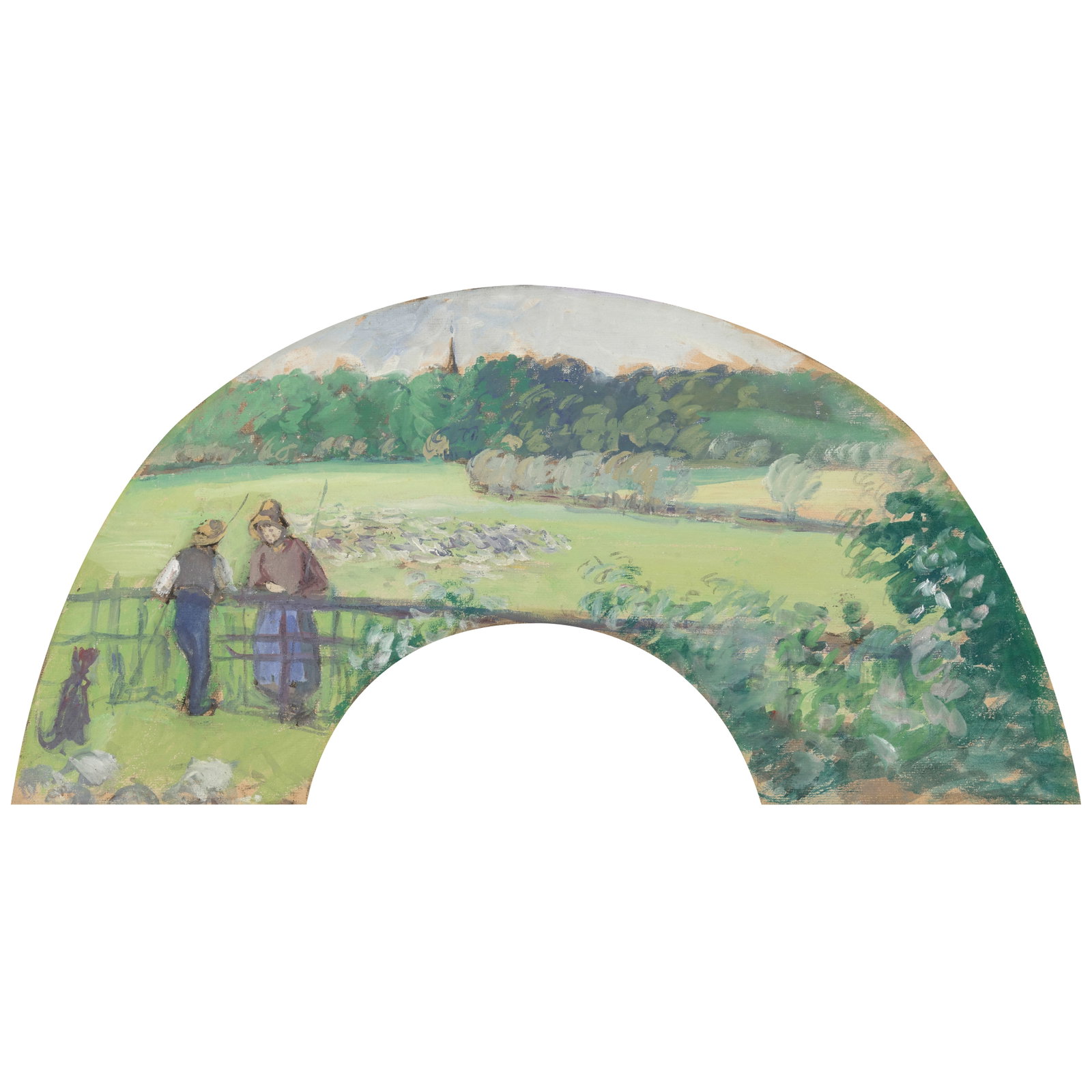 CAMILLE PISSARRO (1830-1903) Berger et bergère à la barrière, Bazincourt 7 1/16 x...: CAMILLE PISSARRO (1830-1903) Berger et bergère à la barrière, Bazincourt stamped with the artists initials 'C.P.' (Lugt 613e; lower left) and inscribed 'Esquisse de l'éventail de Mr Paulin' (lower