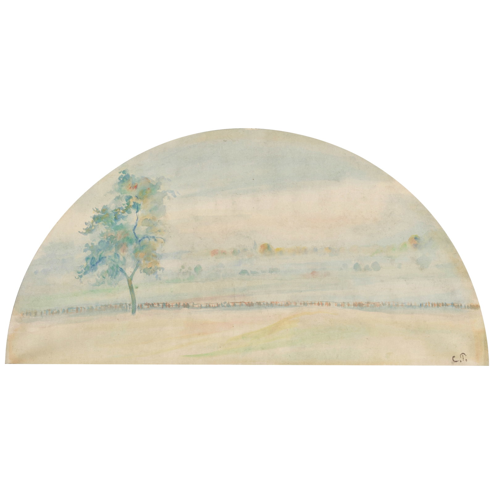 CAMILLE PISSARRO (1830-1903) Éragny 12 3/16 x 25 3/16 in (31 x 64 cm) (fan) 14 3/4 x 25 3/1...: CAMILLE PISSARRO (1830-1903) Éragny stamped with the artists initials 'C.P.' (Lugt 613a; lower right) watercolor on paper 12 3/16 x 25 3/16 in (31 x 64 cm) (fan) 14 3/4 x 25 3/16 in (37.5 x 64 cm) (s