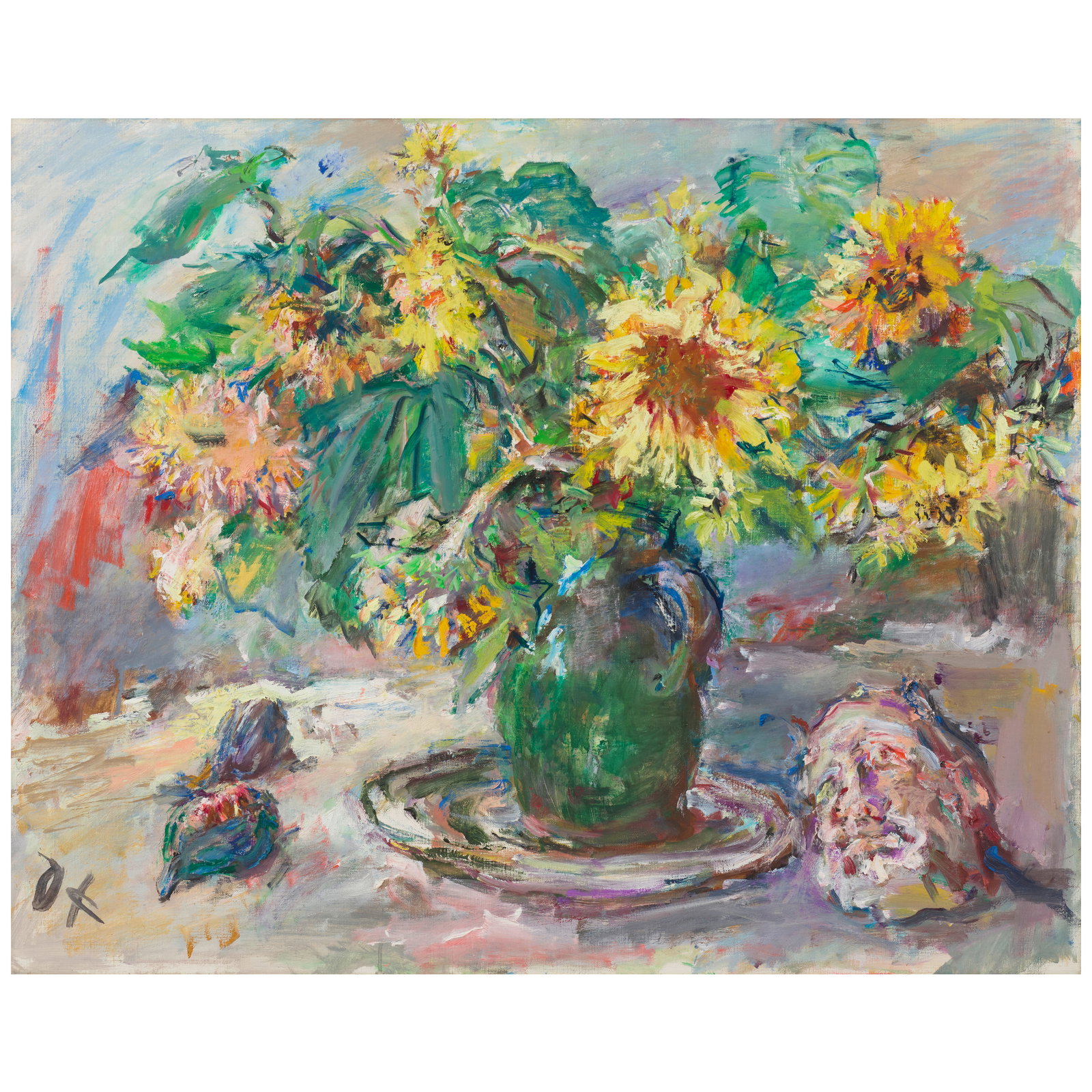 OSKAR KOKOSCHKA (1886-1980) Stillleben mit Sonnenblumen und Faunskopf (Still Life with Sunflower...: OSKAR KOKOSCHKA (1886-1980) Stillleben mit Sonnenblumen und Faunskopf (Still Life with Sunflowers and Faun's Head) signed with the artist's initials 'OK' (lower left) oil on canvas 25 1/2 x 31 3/4 in 