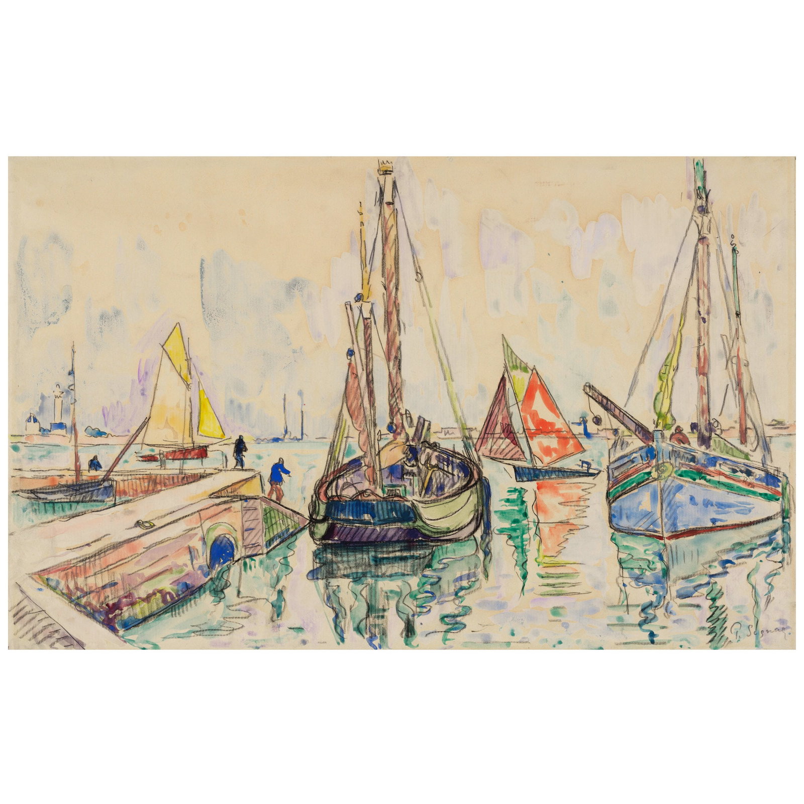 PAUL SIGNAC (1863-1935) Port breton (Saint-Guénolé). Les langoustiers 11 x 17 5/16 in ... (1 of 1)
