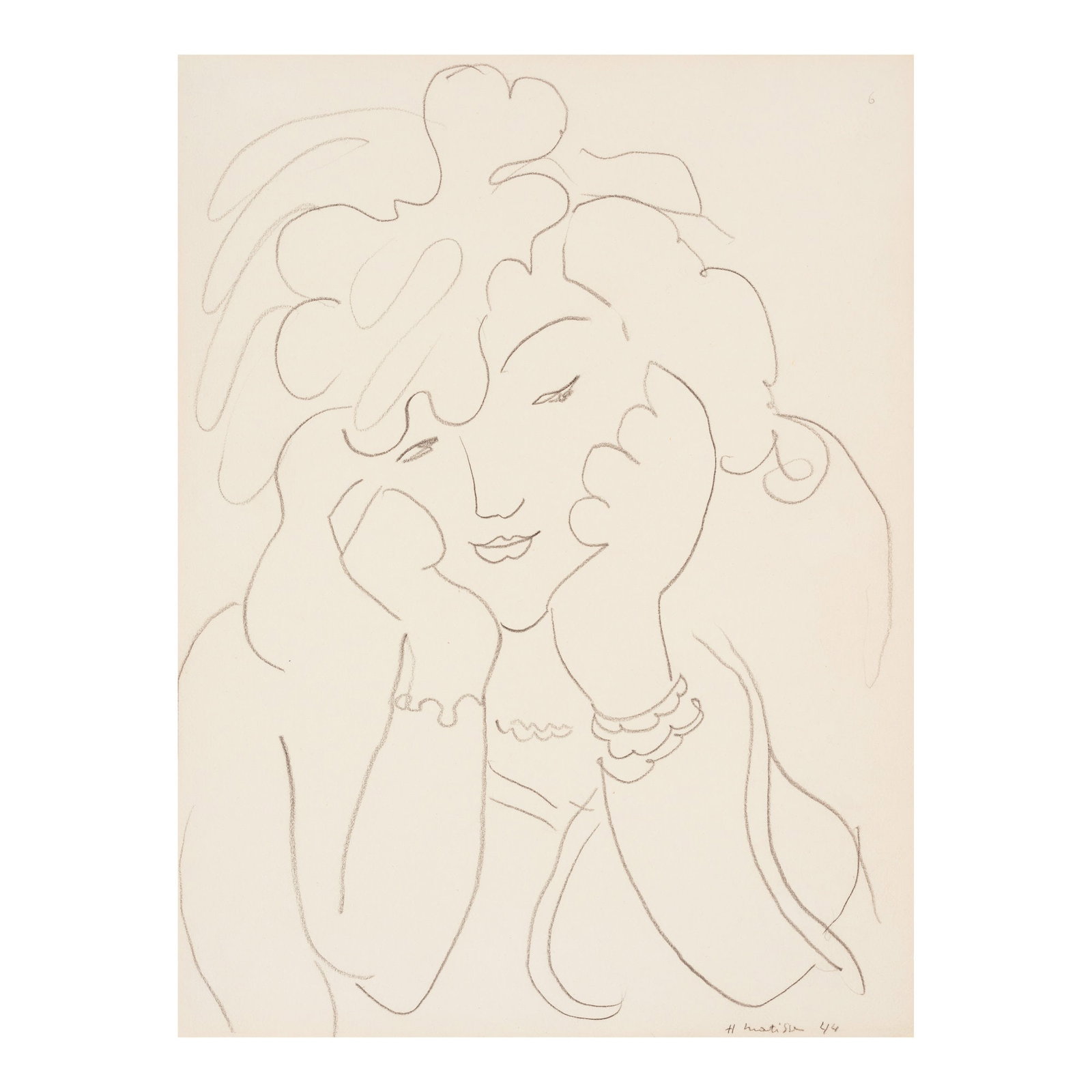 HENRI MATISSE (1869-1954) Jeune femme au chapeau 16 9/16 x 12 5/8 in (42.1 x 32 cm) (Executed in...: HENRI MATISSE (1869-1954) Jeune femme au chapeau signed and dated 'H Matisse 44' (lower right) conté crayon on paper 16 9/16 x 12 5/8 in (42.1 x 32 cm) Executed in Vence in November 1944 Footnote