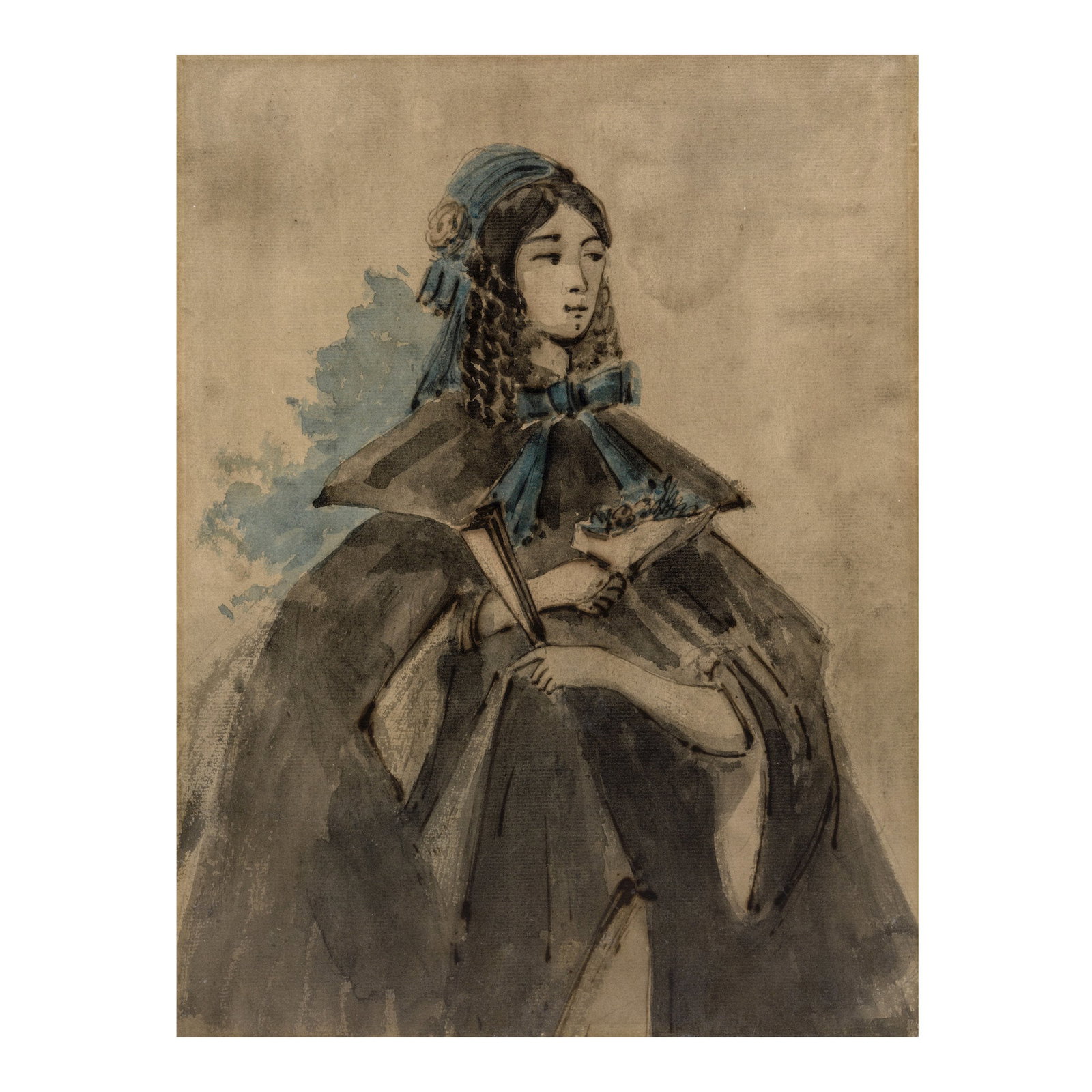 CONSTANTINE GUYS (1805-1892) Jeune femme au bonnet bleu 12 15/16 x 9 13/16 in (32.8 x 25 cm) (): CONSTANTINE GUYS (1805-1892) Jeune femme au bonnet bleu watercolor and pen and ink on paper 12 15/16 x 9 13/16 in (32.8 x 25 cm) Footnotes: Provenance Duchess of Luynes. Hazlitt, Gooden & Fox