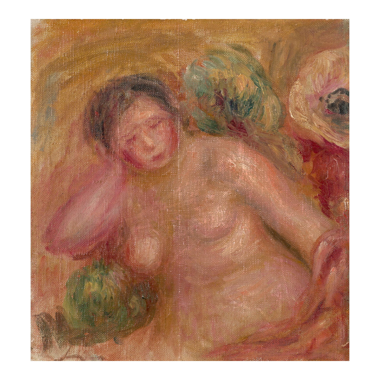 PIERRE-AUGUSTE RENOIR (1841-1919) Femme nue assise (fragment) 9 1/4 x 8 11/16 in (23.5 x 22 cm) ...: PIERRE-AUGUSTE RENOIR (1841-1919) Femme nue assise (fragment) oil on canvas 9 1/4 x 8 11/16 in (23.5 x 22 cm) Painted circa 1915-1917 Footnotes: This work will be included in the forthcoming Pierre-Au