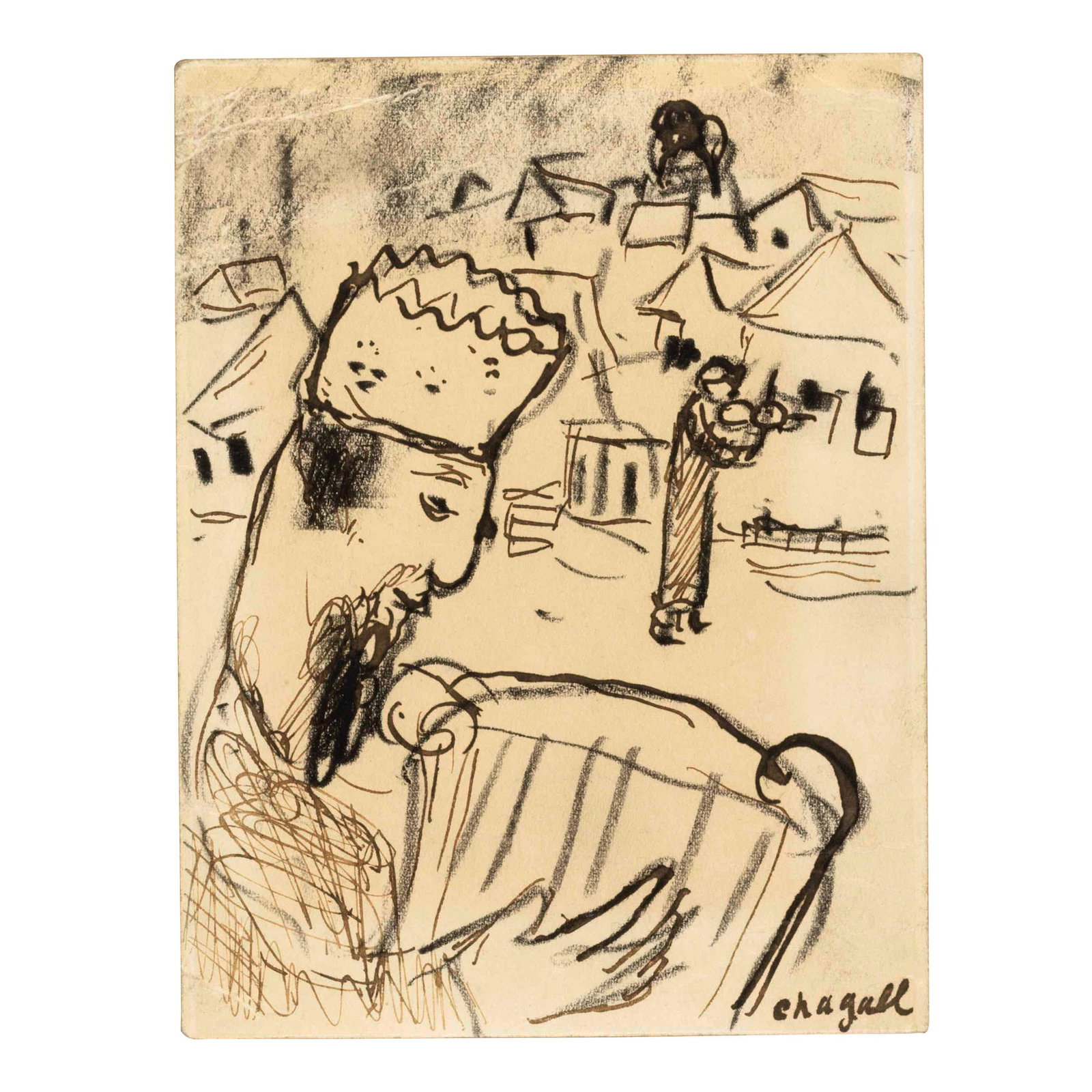 MARC CHAGALL (1887-1985) Roi David à la lyre 5 1/2 x 4 3/16 in (13.8 x 10.6 cm) (Executed c...: MARC CHAGALL (1887-1985) Roi David à la lyre signed 'Chagall' (lower right) lithographic crayon and pen and Sepia ink on card 5 1/2 x 4 3/16 in (13.8 x 10.6 cm) Executed circa 1974 Footnotes: The