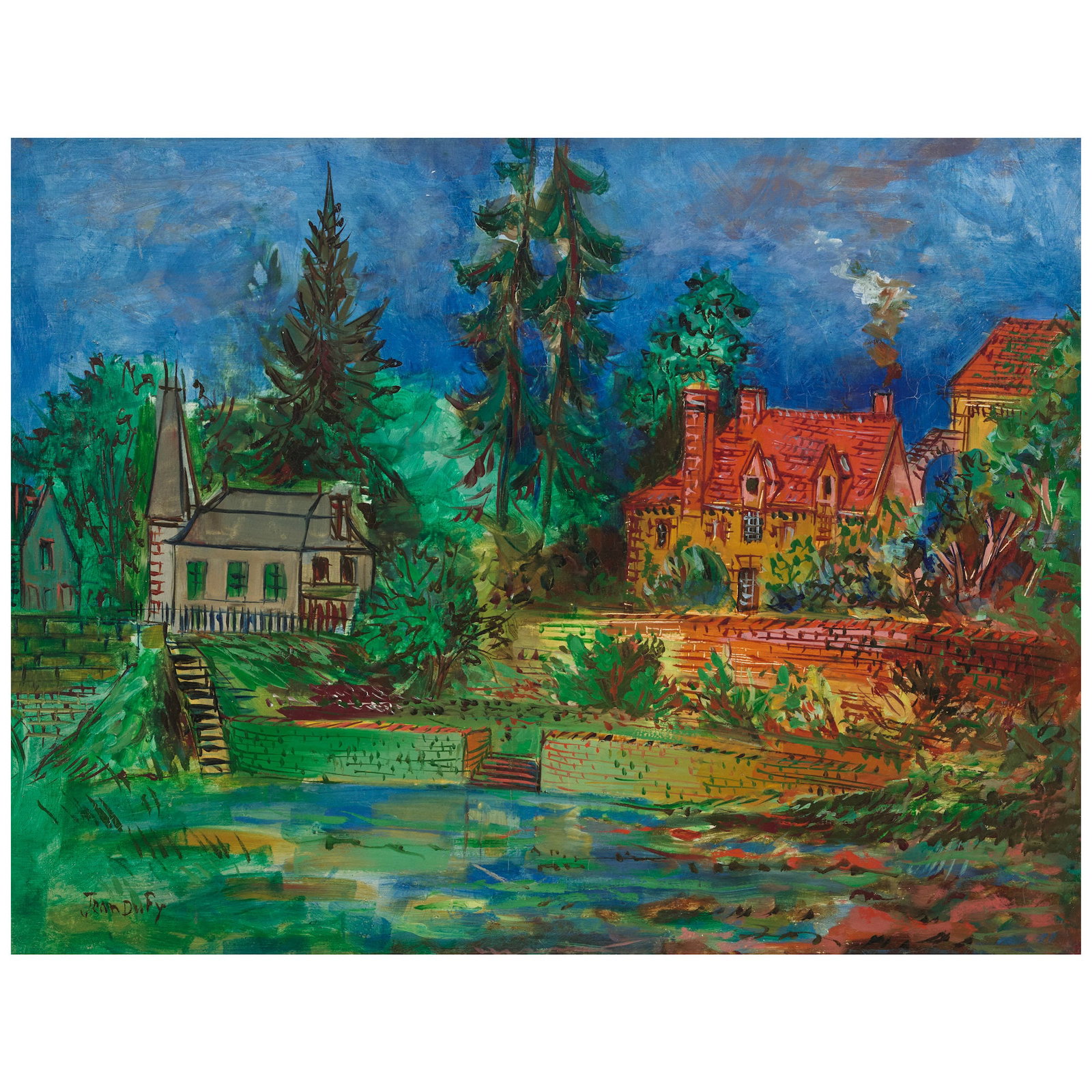 JEAN DUFY (1888-1964) La maison Perrier à Preuilly-sur-Claise 19 3/4 x 25 9/16 in (50.2 x 6...: JEAN DUFY (1888-1964) La maison Perrier à Preuilly-sur-Claise signed 'Jean Dufy' (lower left) oil on canvas 19 3/4 x 25 9/16 in (50.2 x 65 cm) Painted circa 1938-1940 Footnotes: Provenance