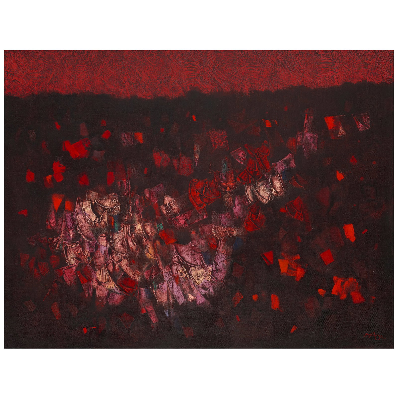 MORDECAI ARDON (1896-1992) The Purple Twilight 35 1/16 x 45 11/16 in (89 x 116 cm) (Painted...: MORDECAI ARDON (1896-1992) The Purple Twilight signed 'Ardon.' (lower right); signed again, inscribed and dated 'The Purple Twilight 1969' and further signed in Hebrew (on the stretcher) oil on canvas