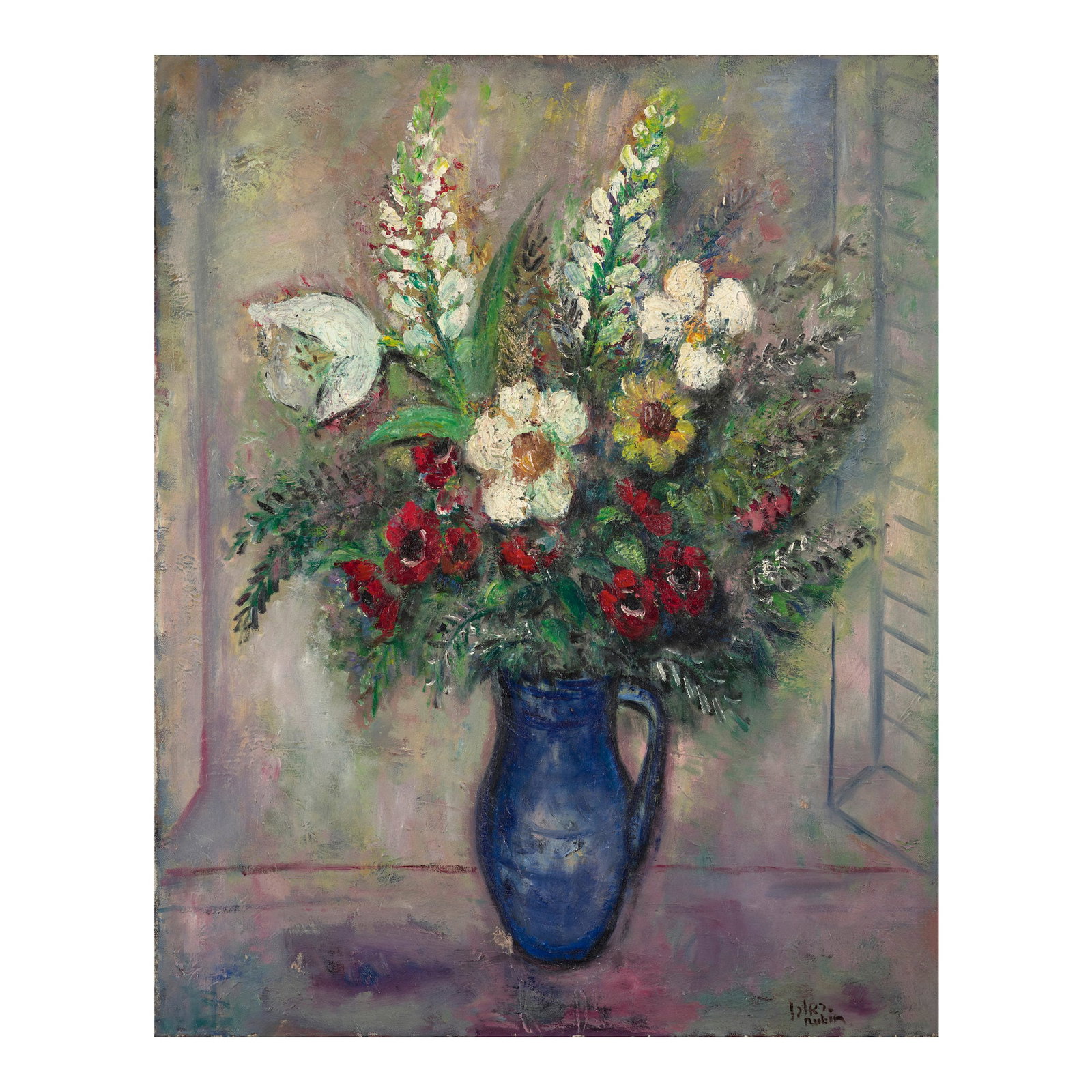 REUVEN RUBIN (1893-1974) Bouquet 31 7/8 x 25 9/16 in (81 x 65 cm) (Painted in 1948): REUVEN RUBIN (1893-1974) Bouquet signed 'Rubin' and further inscribed in Hebrew (lower right) oil on canvas 31 7/8 x 25 9/16 in (81 x 65 cm) Painted in 1948 Footnotes: The authenticity of this work ha