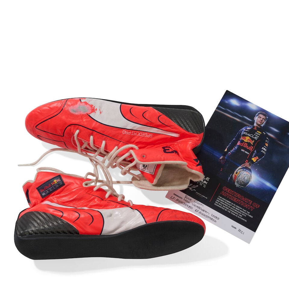 Max Verstappen's Red Bull Racing Honda 2021 First Championship winning season used race shoes, - 2