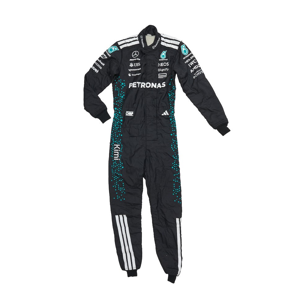 Kimi Antonelli's 2025 Las Vegas, Qatar and Abu Dhabi Grand Prix used overalls,: Kimi Antonelli's 2025 Las Vegas, Qatar and Abu Dhabi Grand Prix used overalls, worn during FP1 and FP2 for the Las Vegas Grand Prix finishing 10th and 2nd, Qatar Grand Prix Sprint Qualifying,
