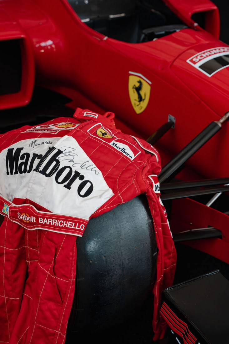 Rubens Barrichello's Ferrari worn F1 overalls, signed,: Rubens Barrichello's Ferrari worn F1 overalls, signed, Saleroom notices: SALEROOM NOTICE Rubens has confirmed this is the race day suit, worn when he started from pole position. His race was short