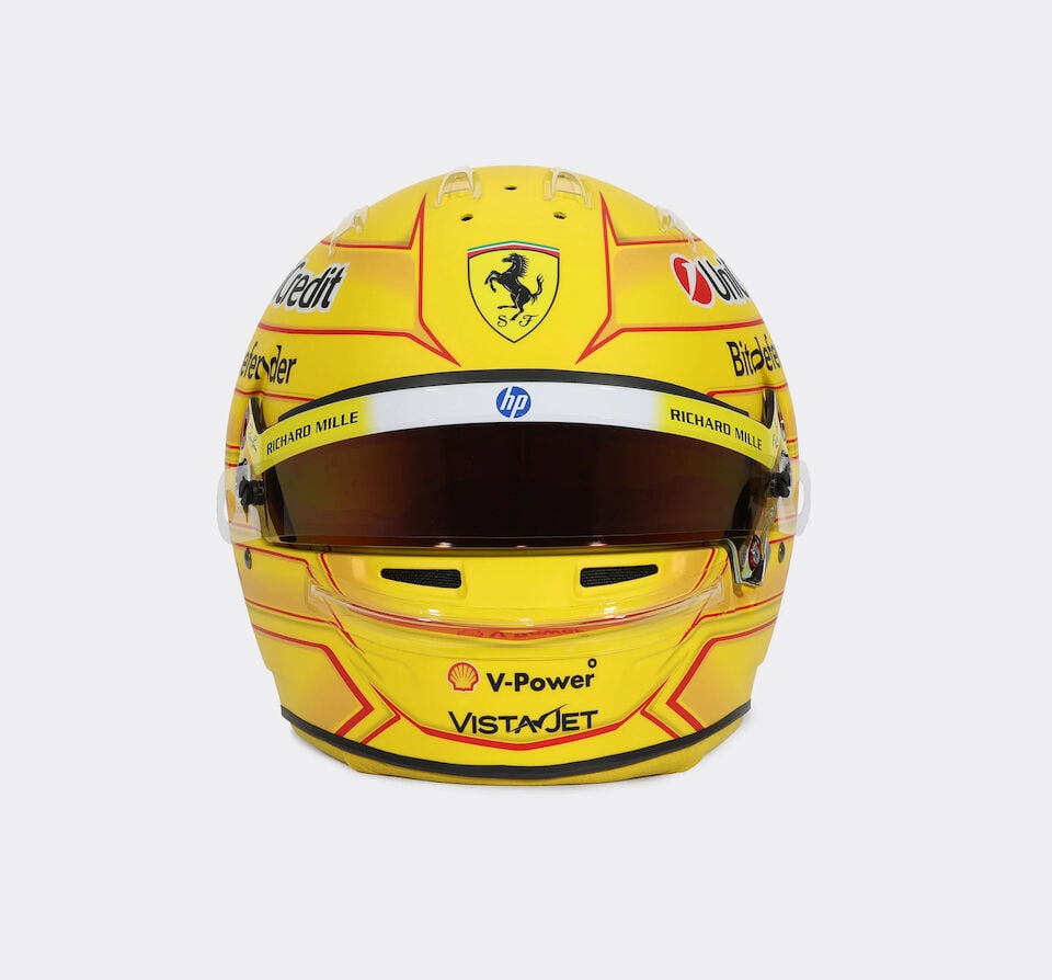 An official replica 2026 Lewis Hamilton Scuderia Ferrari HP full-size helmet, by Bell, signed,: Donated by the Scuderia Ferrari HP F1 Team to benefit the Keep Fighting Foundation An official replica 2026 Lewis Hamilton Scuderia Ferrari full size helmet, by Bell, signed A prestigious full-size