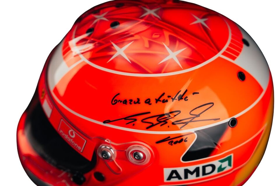 A Michael Schumacher Ferrari F1 2005 'mechanics' helmet, specially commissioned by Schumacher fo... - 7