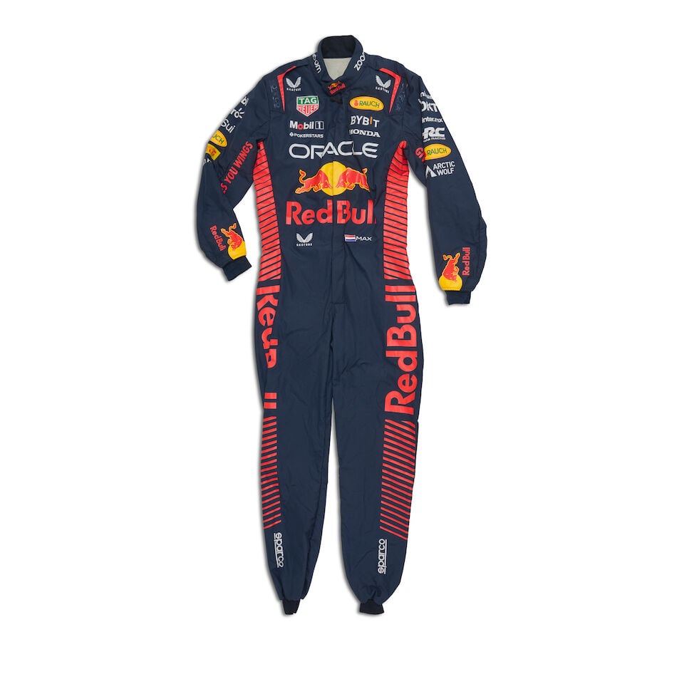 Max Verstappen's Oracle Red Bull Racing 2023 used race suit, from his record breaking championsh...: Max Verstappen's Oracle Red Bull Racing 2023 used race suit, from his record breaking championship winning year, in dark blue, decorated with Oracle Red Bull, Tag Heuer, Honda, Mobil 1, Rauch, Pirelli