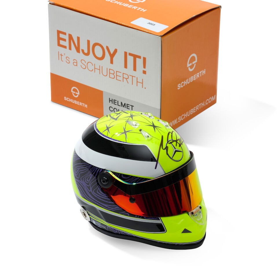 An official signed Mick Schumacher Mercedes 2023 1/2 scale helmet,: An official signed Mick Schumacher Mercedes 2023 1/2 scale helmet, signed to the helmet in black, with original box. For further information on this lot please visit Bonhams.com For further