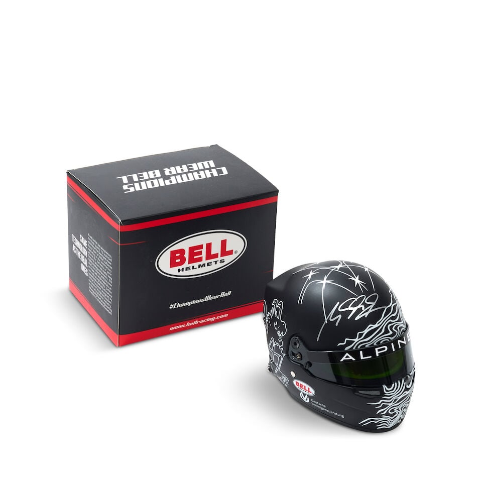 An official signed Mick Schumacher Le Mans 2026 Alpine 1/2 scale helmet,: An official signed Mick Schumacher Le Mans 2026 Alpine 1/2 scale helmet, signed to the helmet in silver, with cloth helmet bag and original box. For further information on this lot please visit