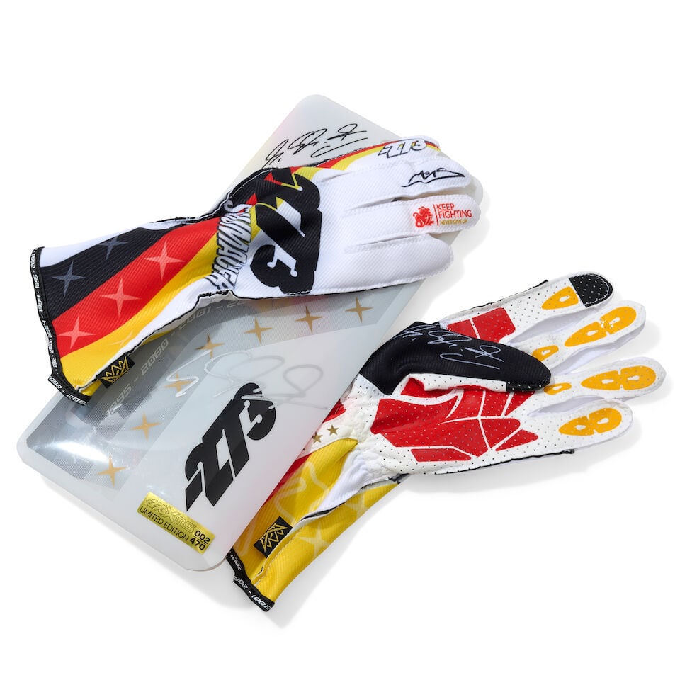 A Pair of Michael Schumacher x 273 Icons Limited edition racing gloves, signed by Mick Schumacher, - 3