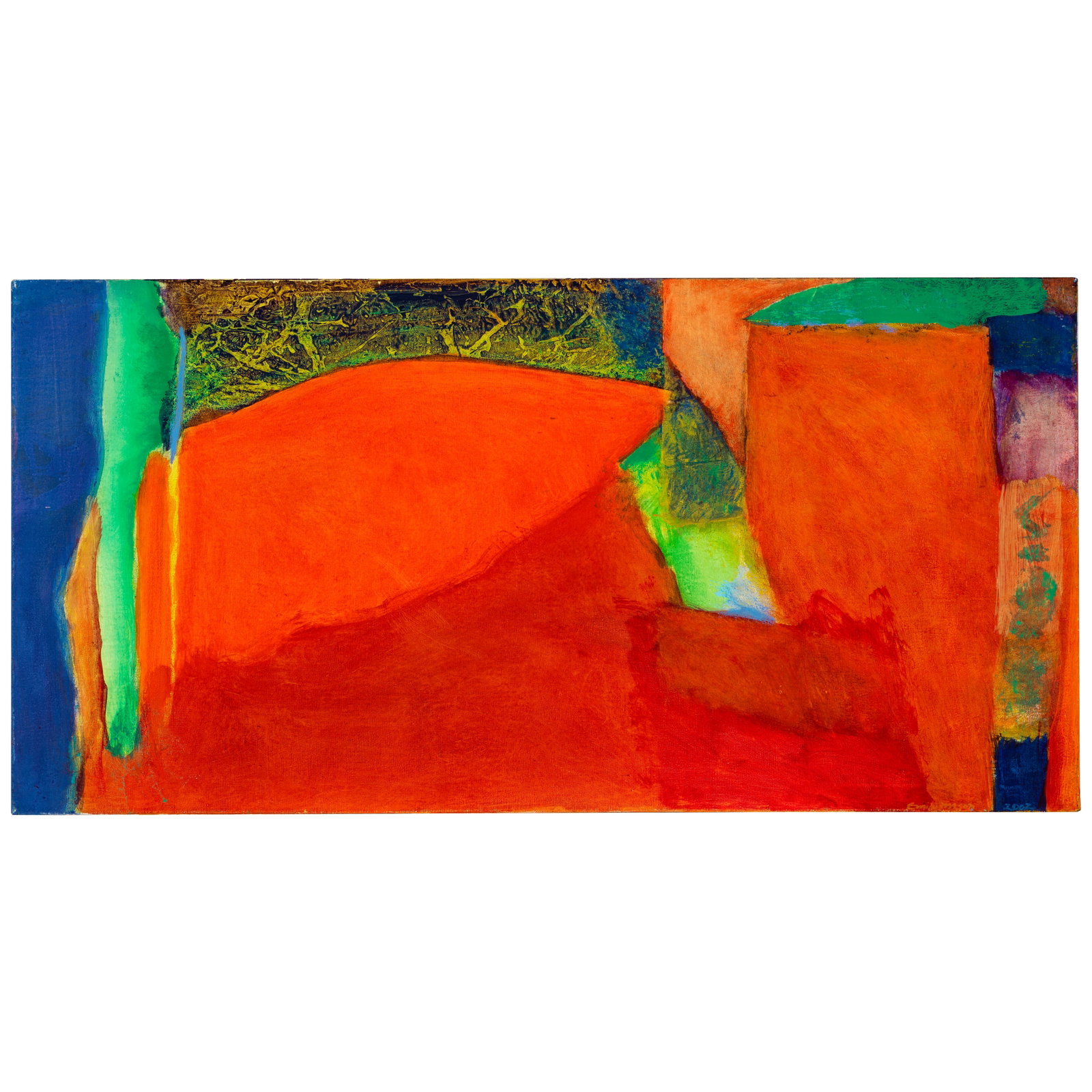 EMILY MASON (1932-2019) Mind the Bridges 24 x 48 in (60.9 x 121.9 cm) (Painted in 2002): EMILY MASON (1932-2019) Mind the Bridges signed and dated 'Emily Mason 2002' (lower right); inscribed 'Mind the Bridges' (on studio label affixed to the frame backing) oil on canvas 24 x 48 in (60.9 x
