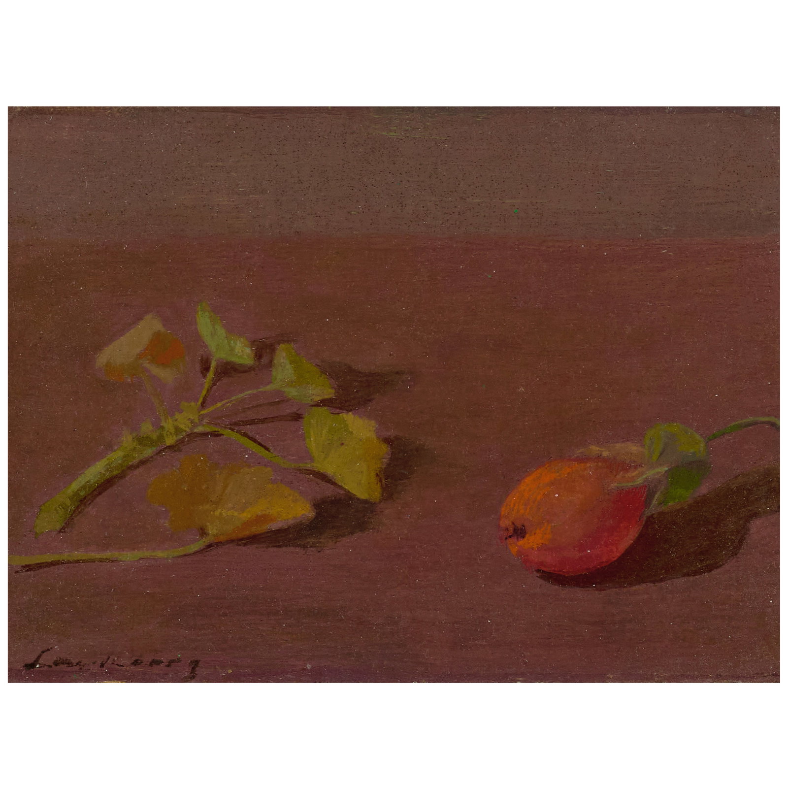 HELEN LUNDEBERG (1908-1999) Fruit and Leaves 5 1/2 x 8 in (14 x 20.5 cm) (Painted in 1951): HELEN LUNDEBERG (1908-1999) Fruit and Leaves signed 'Lundeberg' (lower left) oil on board 5 1/2 x 8 in (14 x 20.5 cm) Painted in 1951 Footnotes: This work is registered in The Feitelson / Lundeberg Ar