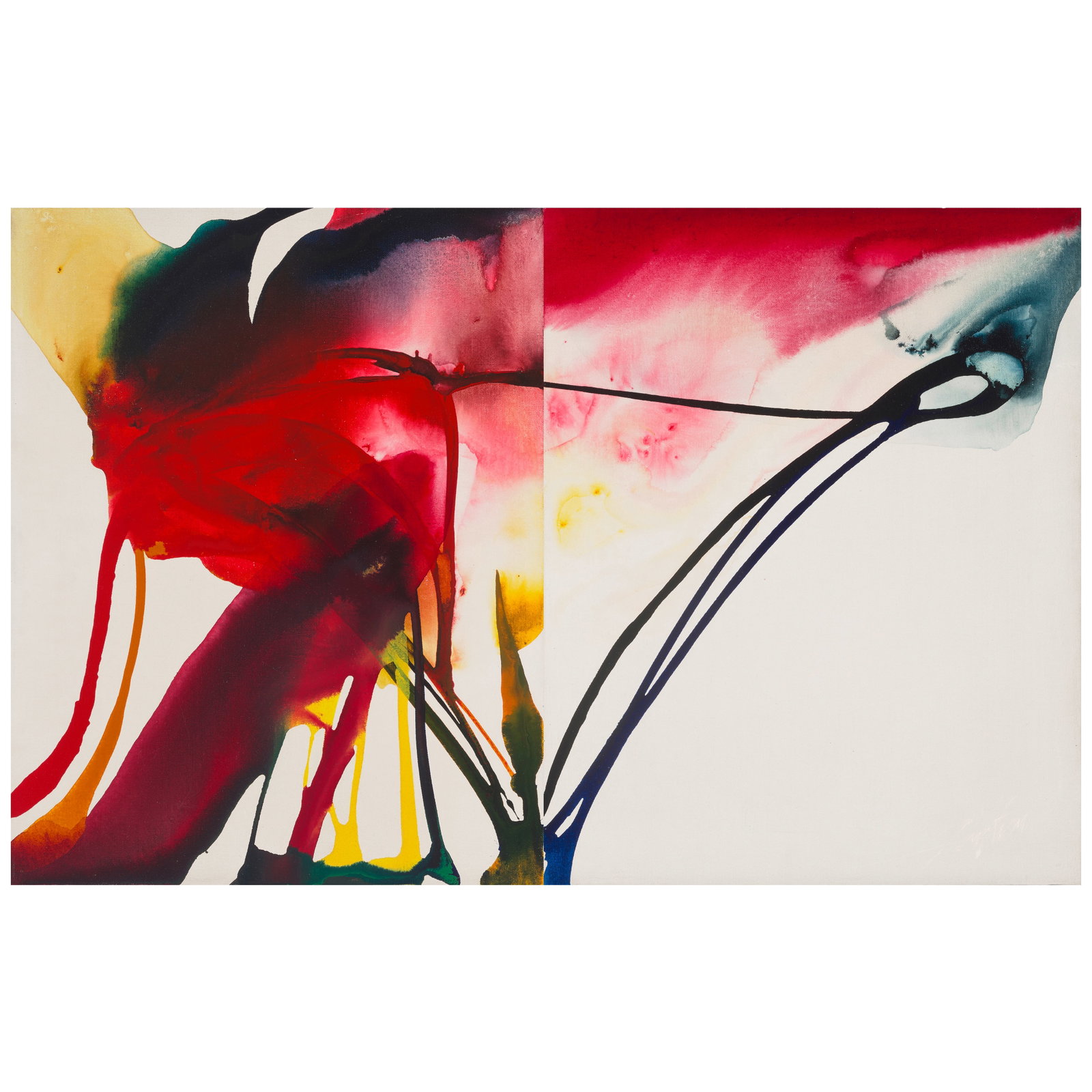 PAUL JENKINS (1923-2012) Phenomena: Bright Bright overall: 20 1/4 x 32 in (51.4 x 81.3 cm) (Pain...: PAUL JENKINS (1923-2012) Phenomena: Bright Bright signed 'Paul Jenkins' (lower right); signed, inscribed and dated 'Paul Jenkins New York 1964 Phen. Bright Bright' (on the reverse of the left panel); 