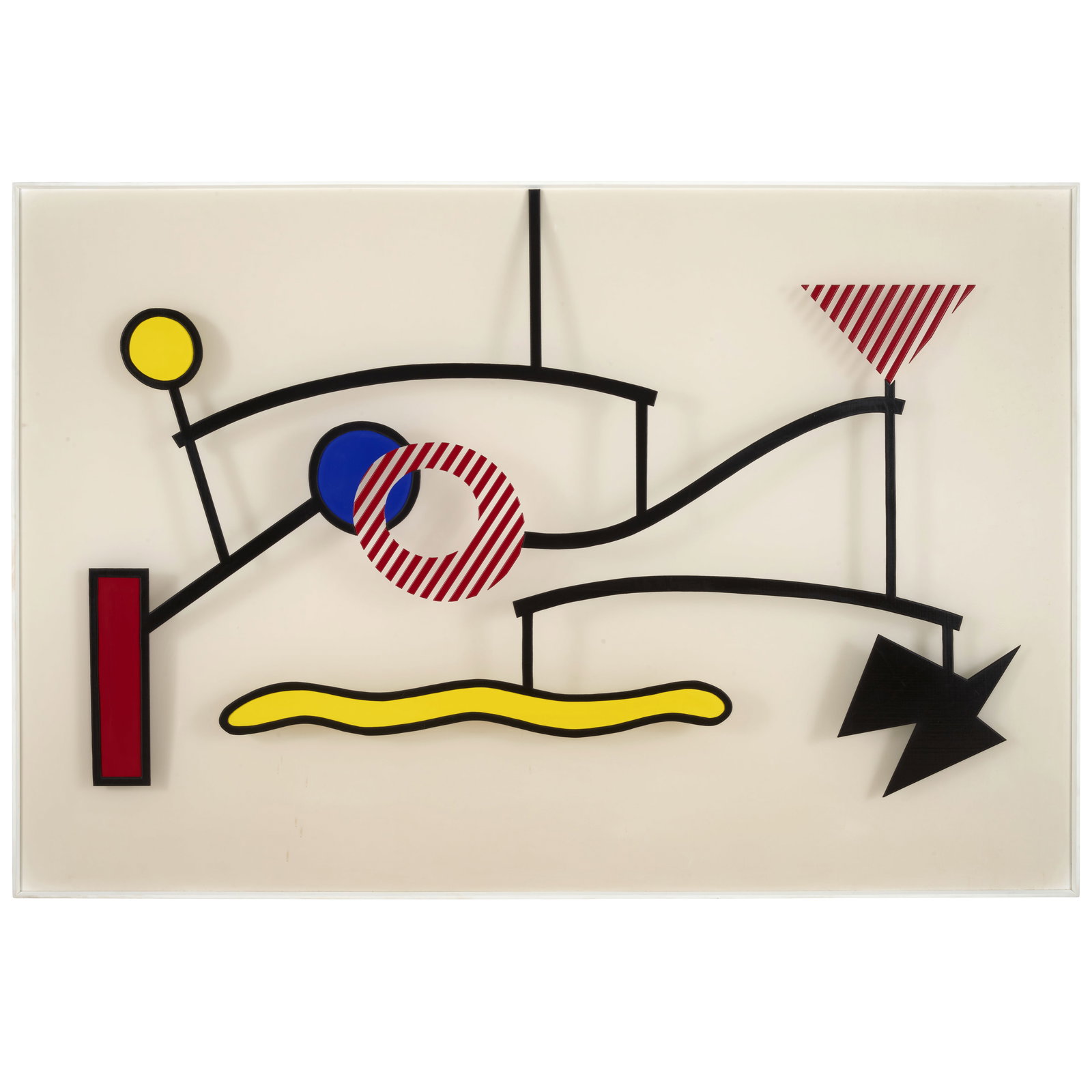 ROY LICHTENSTEIN (1923-1997) Suspended Mobile 50 3/4 x 76 x 4 in (129 x 192.3 x 10.1 cm) (Execut...: ROY LICHTENSTEIN (1923-1997) Suspended Mobile stamped '1990/Roy Lichtenstein/Saff Tech Arts' (verso); signed, stamped with the Saff Tech Arts stamp, numbered and dated 'rf Lichtenstein '90' (on the re