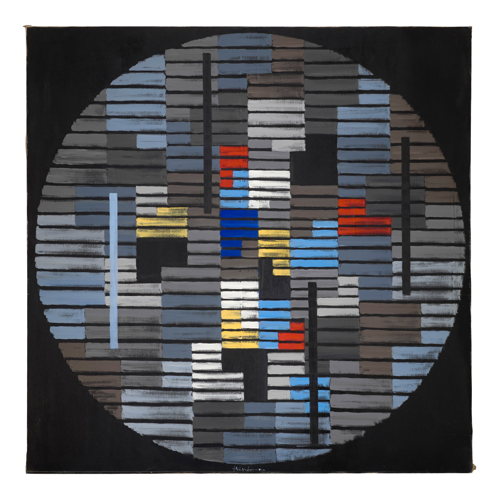 ADOLF FLEISCHMANN (1892-1968) Composition #94 (Circular Balance) 42 x 41 7/8 in (106.7 x 106.4 c...: ADOLF FLEISCHMANN (1892-1968) Composition #94 (Circular Balance) signed 'Fleischmann' (lower center); signed and inscribed 'Fleischmann Op #94 (circular balance)' (on the reverse) oil on canvas 42 x 4