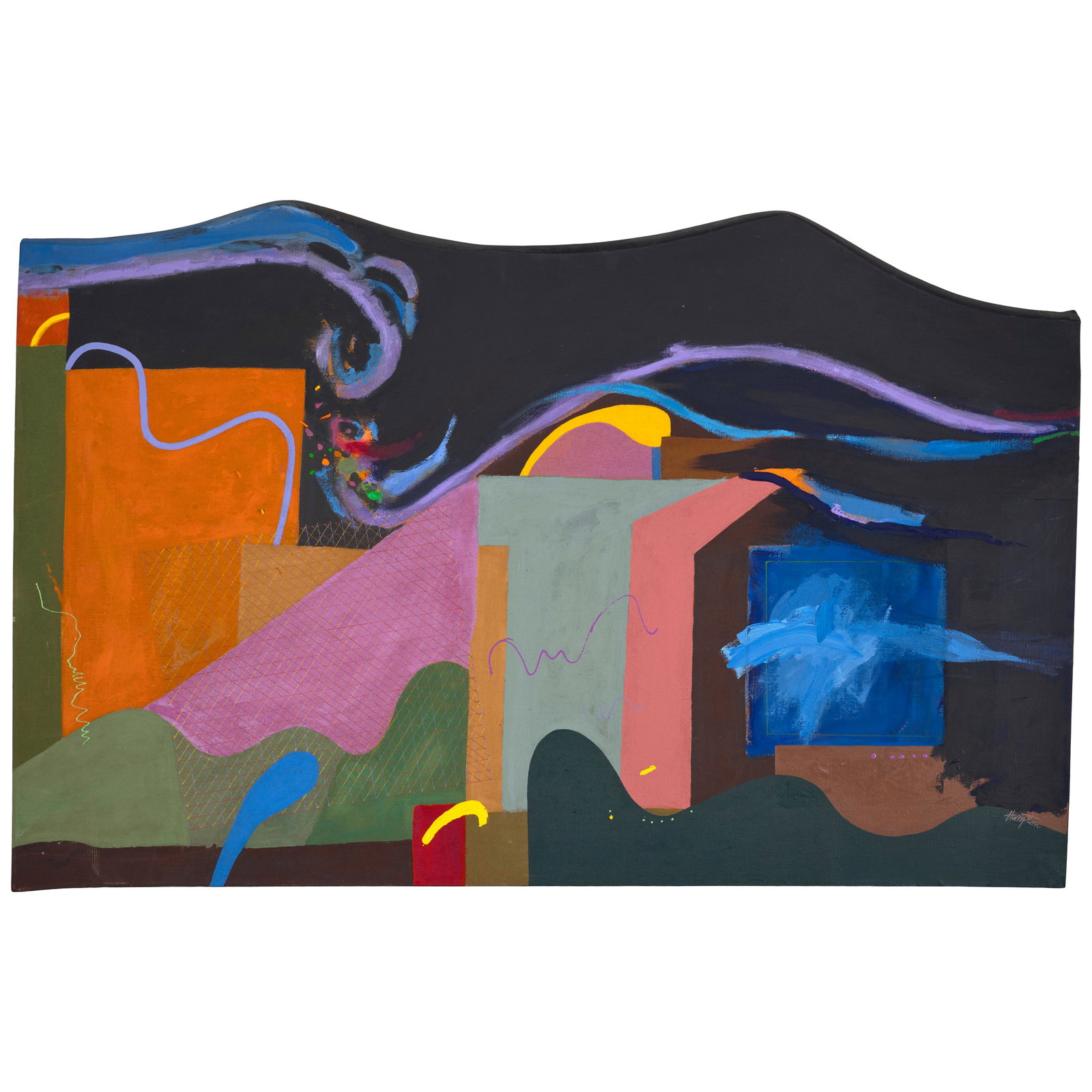 PHILLIP J. HAMPTON (1922-2016) Funky Rainbow Blues 44 1/8 x 67 5/8 in (112 x 171.8 cm) (Painted ...: PHILLIP J. HAMPTON (1922-2016) Funky Rainbow Blues signed 'Hampton' (lower right) acrylic on shaped canvas 44 1/8 x 67 5/8 in (112 x 171.8 cm) Painted circa 1980 Footnotes: Provenance
