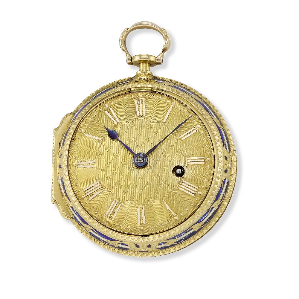 George Prior. A gold and enamel key wind open face pocket watch Circa 1770 (Hallmark rubbed): George Prior. A gold and enamel key wind open face pocket watch Date: Circa 1770 (Hallmark rubbed) Movement: Gilt full plate fusee verge, plain 3-arm balance, pierced and engraved balance cock, diamon